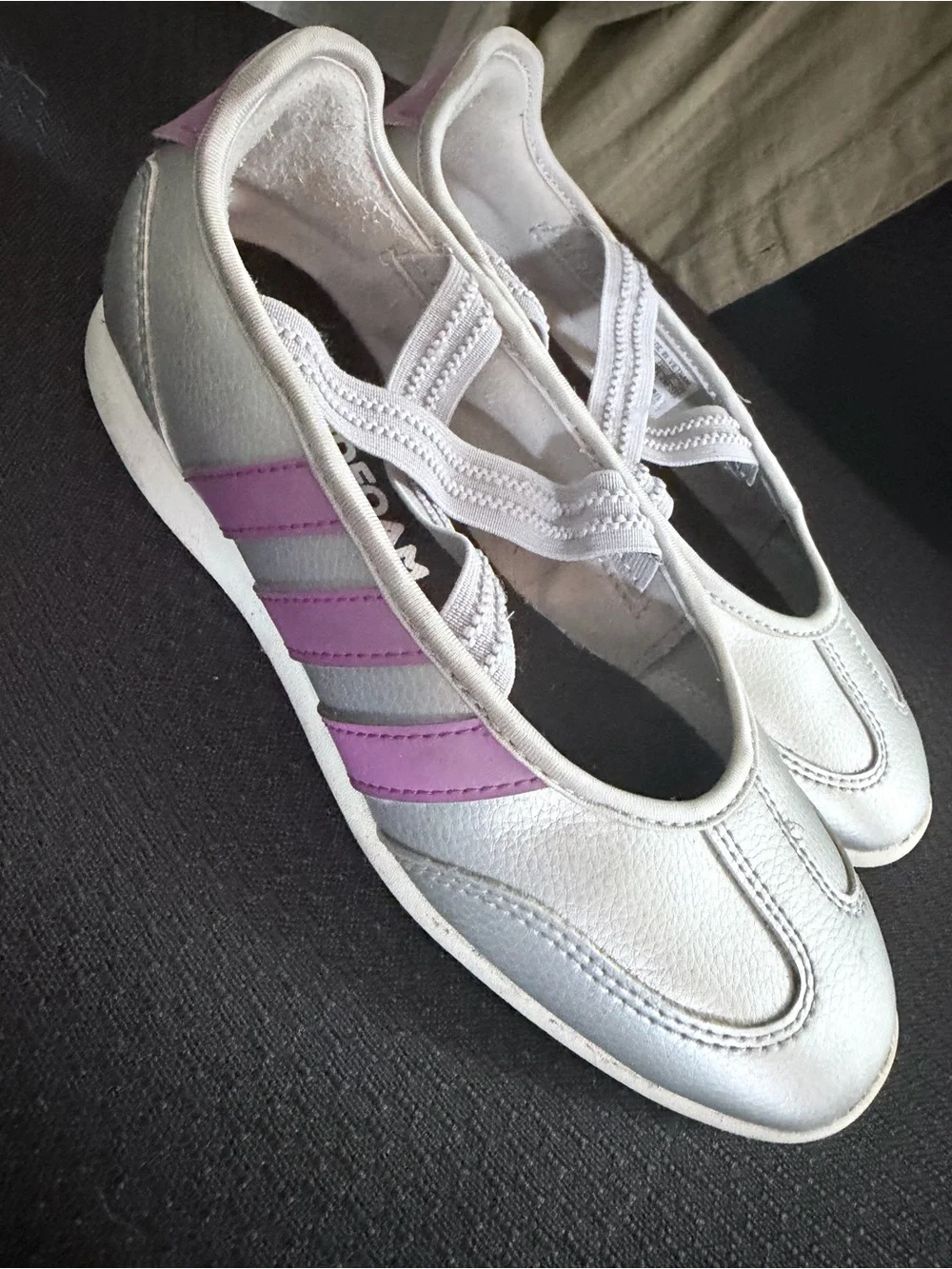 adidas Girls Silver Mary Jane Sneakers with Purple Stripes